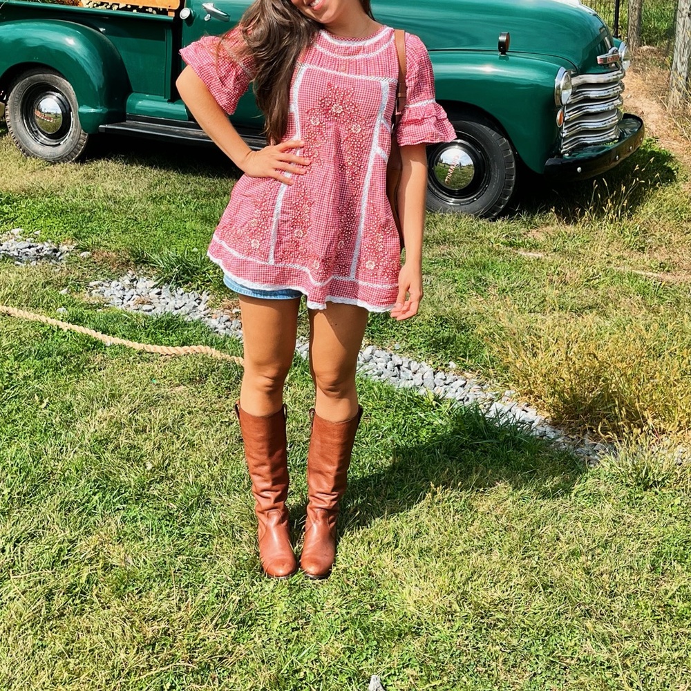 Free people Red Gingham Blouse with Floral Embroidery & pockets